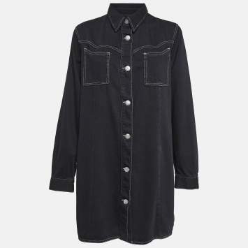 Pre Owned Ganni Black Washed Kress Soft Denim Mini Shirt Dress M