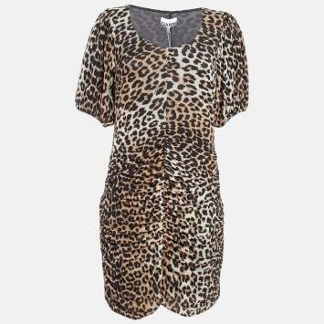 Pre Owned Ganni Brown Brown Leopard Print Jersey Mesh Ruched Mini Dress L