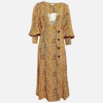 Pre Owned Ganni Yellow Leopard Print Crepe Buttoned Midi Dress M