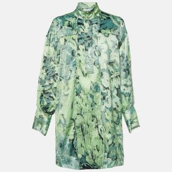 Ganni Green Abstract Floral Print Satin Mini Dress L