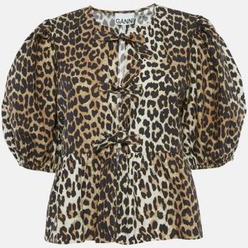 Pre Owned Ganni Brown Leopard Print Cotton Gathered Top M