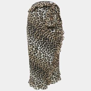 Pre Owned Ganni Brown Leopard Print Mesh Ruffled Wrap Seedpearl Skirt L