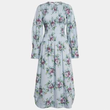 Ganni Blue Floral Print Cotton Shirring Detail Midi Dress XS