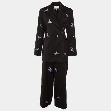 Ganni Charcoal Grey Embroidered Wool Wrap Blazer & Pants Set M