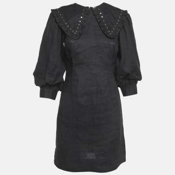 Pre Owned Ganni Black Linen Metal Studded Mini Dress S
