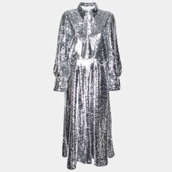 Pre Owned Ganni Silver Synthetic Sonora Sequin Collar Maxi Dress S