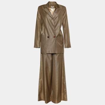 Pre Owned Ganni Beige Silk Check Pattern Blazer And Trouser Suit M