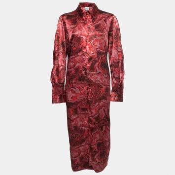 Pre Owned Ganni Red Snake Print Silk-Satin Collared Midi Dress M