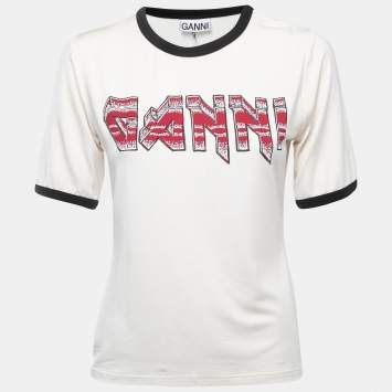 Pre Owned Ganni Cream Logo Print Knit Crew Neck Half Sleeve T-Shirt M