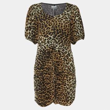 Pre Owned Ganni Brown Animal Printed Mesh Ruched Mini Dress S