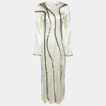 Pre Owned Ganni Yellow Printed Silk Satin Lace Trim Slited Maxi Dress M