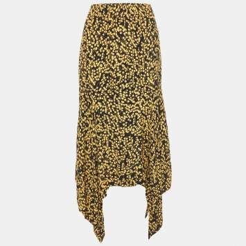 Pre Owned Ganni Black/Yellow Floral Printed Crepe Asymmetrical Skirt L