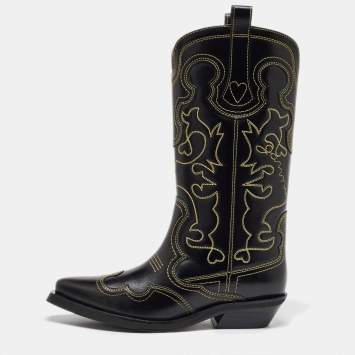 Pre Owned Ganni Black Leather Contrast Stitch Mid Calf Cowboy Boots Size 38