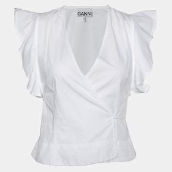Pre Owned Ganni White Cotton Cap Sleeves Wrap Top XXS