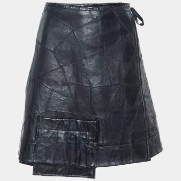 Pre Owned Ganni Black Patchwork Leather Wrap Around Mini Skirt XL 