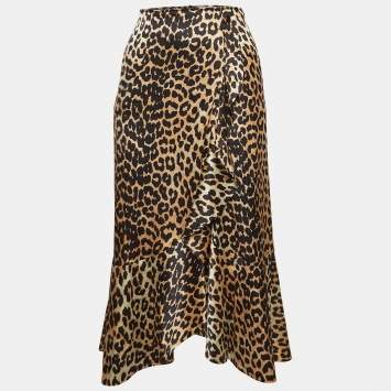 Pre Owned Ganni Brown Leopard Print Satin Ruffled Midi Skirt S