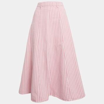 Pre Owned Ganni Pink Stripe Denim Midi Skirt M