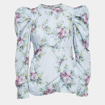 Pre Owned Ganni Blue Floral Print Puff Sleeve Top M