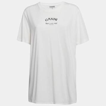 Pre Owned Ganni White Printed Cotton Knit Crew Neck T-Shirt XL