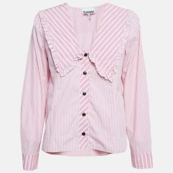 Pre Owned Ganni Pink/White Stripe Cotton Ruffled Collar Shirt M