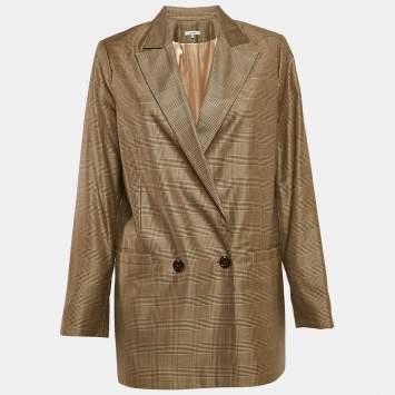 Pre Owned Ganni Brown Plaid Silk Blend Double Breasted Blazer L