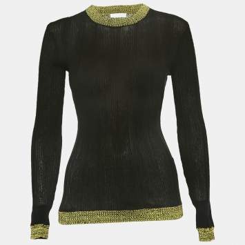 Pre Owned Ganni Black Textured Rib Knit Crew Neck Jumper S