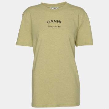 Pre Owned Ganni Leek Yellow Logo Print T-Shirt L