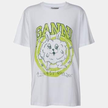 Pre Owned Ganni White Fun Bunny Print T-Shirt L