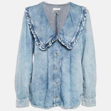 Pre Owned Ganni Blue Denim Ruffled Platter Collar Shirt XL