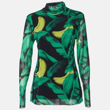 Pre Owned Ganni Green Banana Print Mesh Turtle Neck Top L