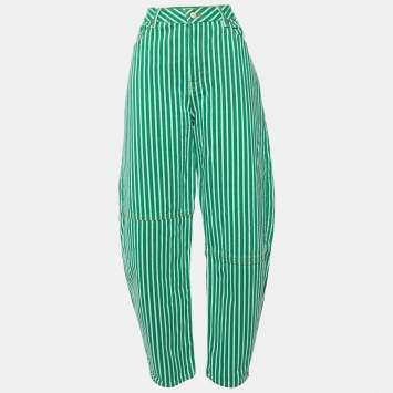 Pre Owned Ganni Green Striped Cotton Stary Baggy Jeans L/Waist 33"