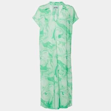 Pre Owned Ganni Green Marble Print Cotton Tunic Dress S/M