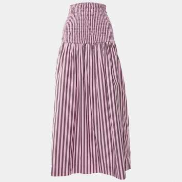 Pre Owned Ganni Pink Striped Cotton Smocked Waist Maxi Skirt L
