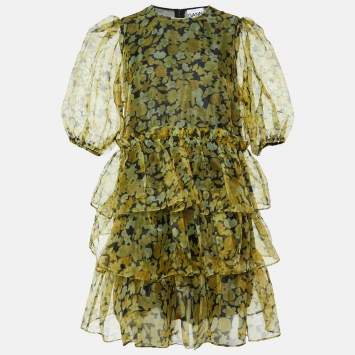 Ganni Yellow Floral Print Organza Tiered Mini Dress L