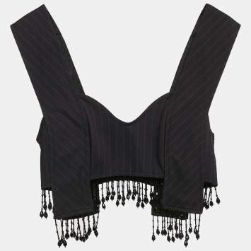 Pre Owned Ganni Navy Blue Stripe Cotton Blend Bead-Fringe Trimmed Crop Top S