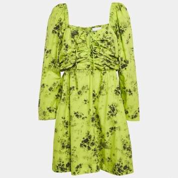 Ganni Green Floral Print Cotton Gathered Mini Dress L