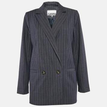Pre Owned Ganni Blue Pinstripe Gabardine Double Breasted Blazer S