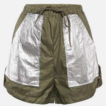 Pre Owned Ganni Green Nylon Silver Contrast Shorts S