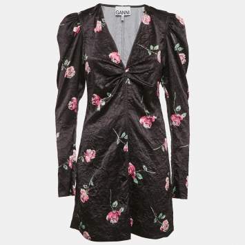 Ganni Black Crinkle Effect Rose Print Crepe V-Neck Mini Dress S