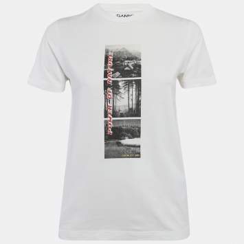 Pre Owned Ganni White Printed Cotton Crew Neck T-Shirt XS