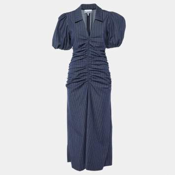 Pre Owned Ganni Navy Blue Pinstripe Ruched Maxi Dress L