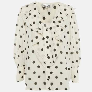 Pre Owned Ganni White Polka Dot Print Crepe Ruffled Top M