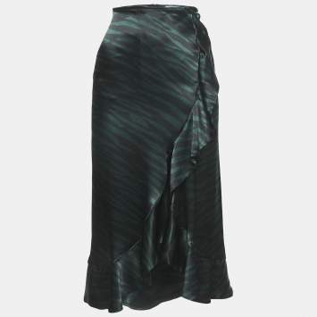 Ganni Black/Green Animal Print Satin Ruffled Midi Skirt XS