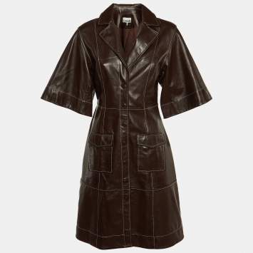 Ganni Brown Leather Midi Shirt Dress M