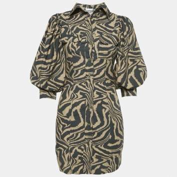 Pre Owned Ganni Brown Zebra Print Cotton Puff-Sleeve  Mini Shirt Dress XS