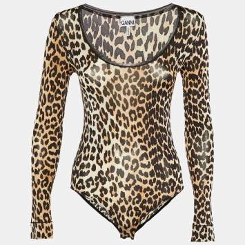 Ganni Brown Animal Printed Jersey Bodysuit S