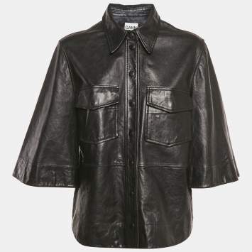 Pre Owned Ganni Black Leather Button Front Wide Sleeve Shirt Jacket L