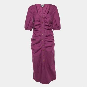 Pre Owned Ganni Purple Wine Cotton Ruched Midi Dress M