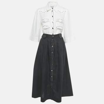Pre Owned Ganni White /Black Linen Stud Detail Top & Skirt Set S/XS 
