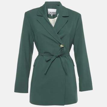 Pre Owned Ganni Green Crepe Double Breasted Belted Blazer S